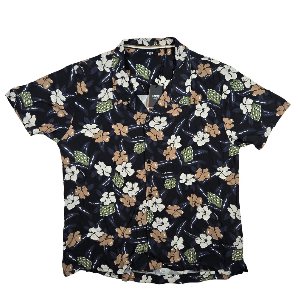 Hugo Boss Beach Shirt Mens XL Black Navy Floral Tropical Viscose 50535793